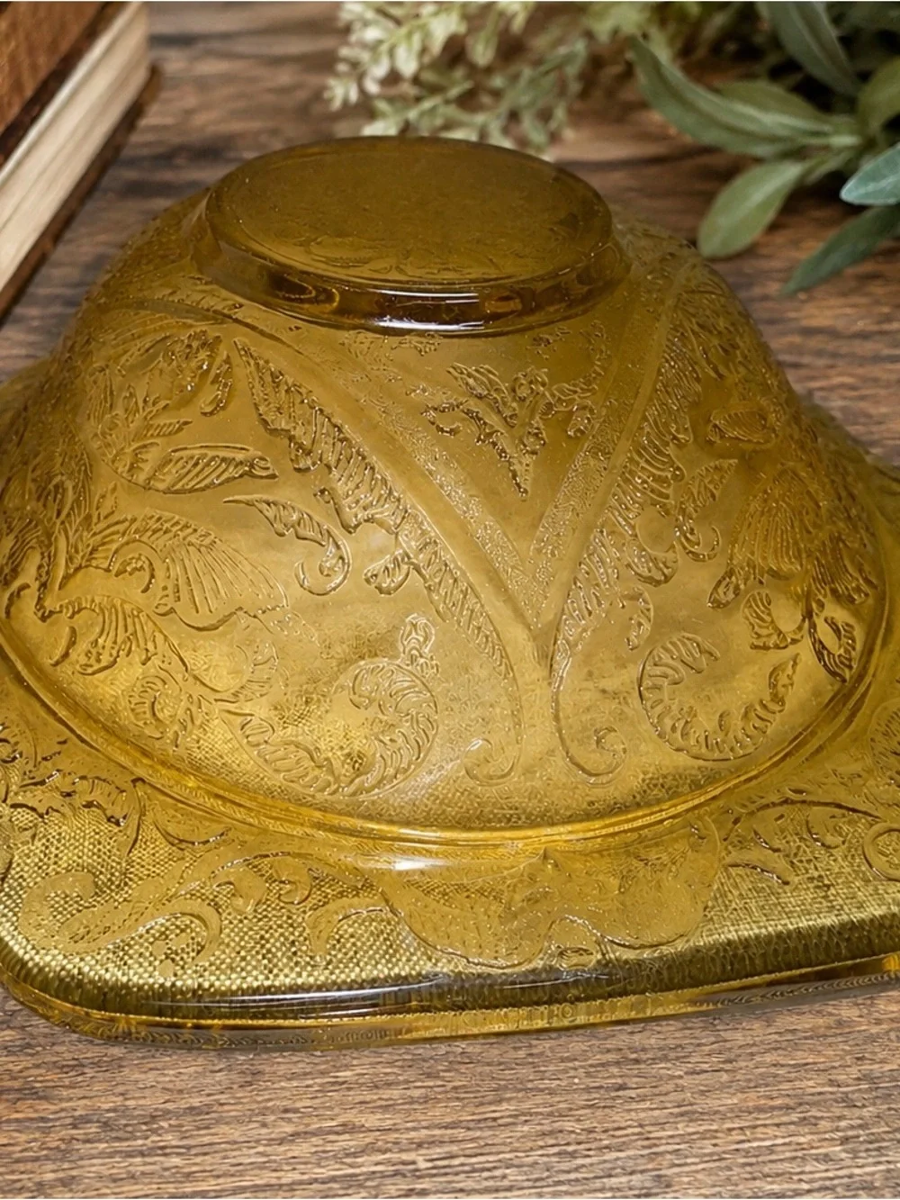 Vintage Amber Yellow Pressed Glass Serving Dishes Set of 3 Ornate Scroll Pattern